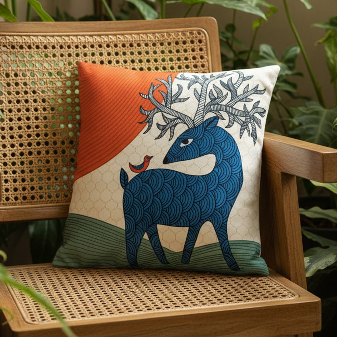 16 Inch | Printed Gond Jungle Delight Cushion Cover