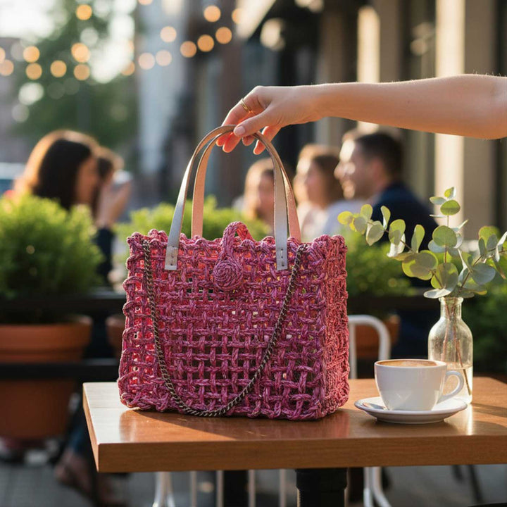Handmade Grass Woven Boxed Metal Chain Strap Pink Sabai Mesh Sling Bag