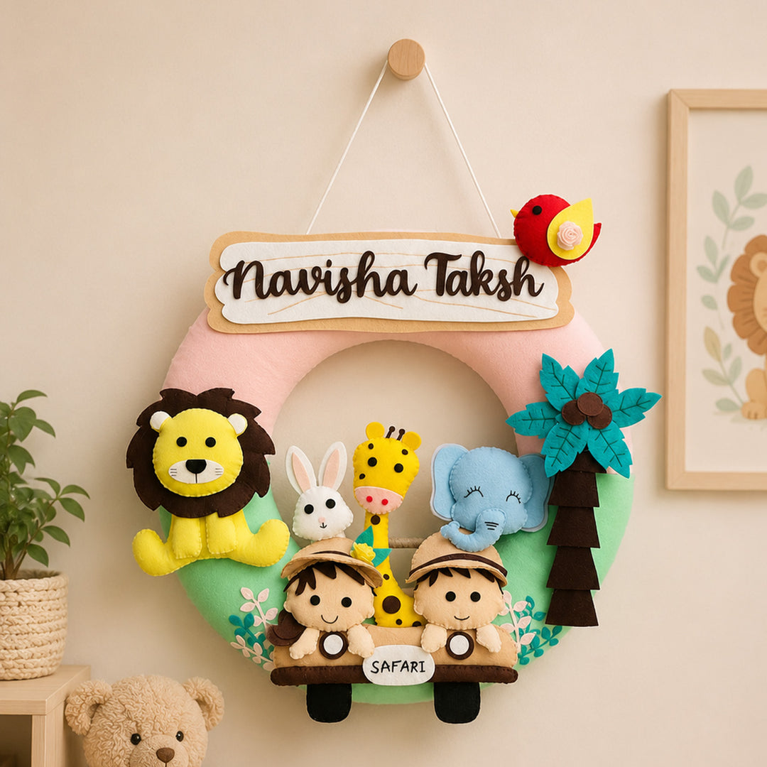 Personalized Jungle Safari Kids Felt Nameplate With Date Of Birth