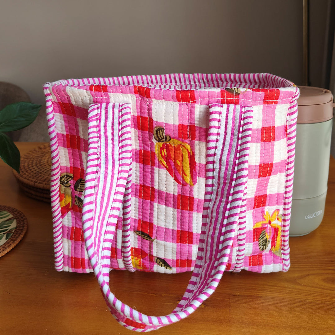 Handmade Pink Checkered Mini Cotton Tote Bag