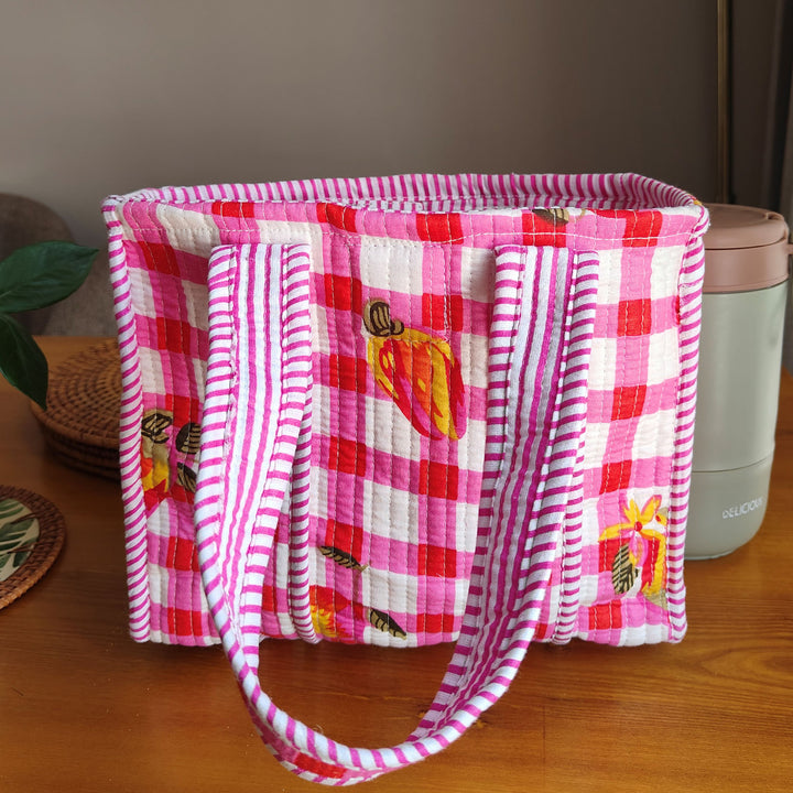 Handmade Pink Checkered Mini Cotton Tote Bag
