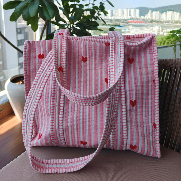 Handmade Pink Heartbeat Cotton Tote Bag
