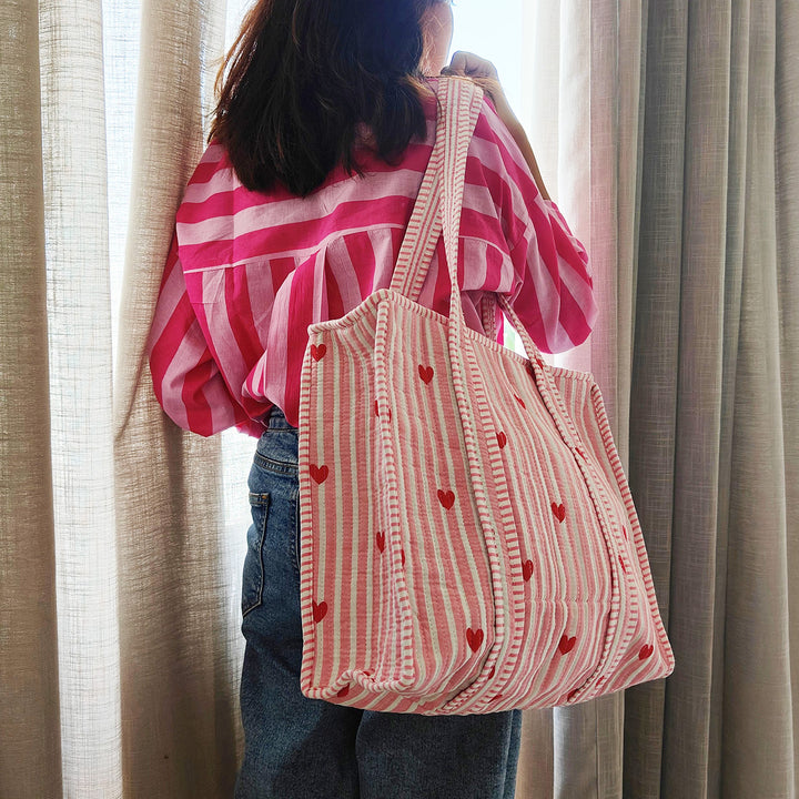 Handmade Pink Heartbeat Cotton Tote Bag