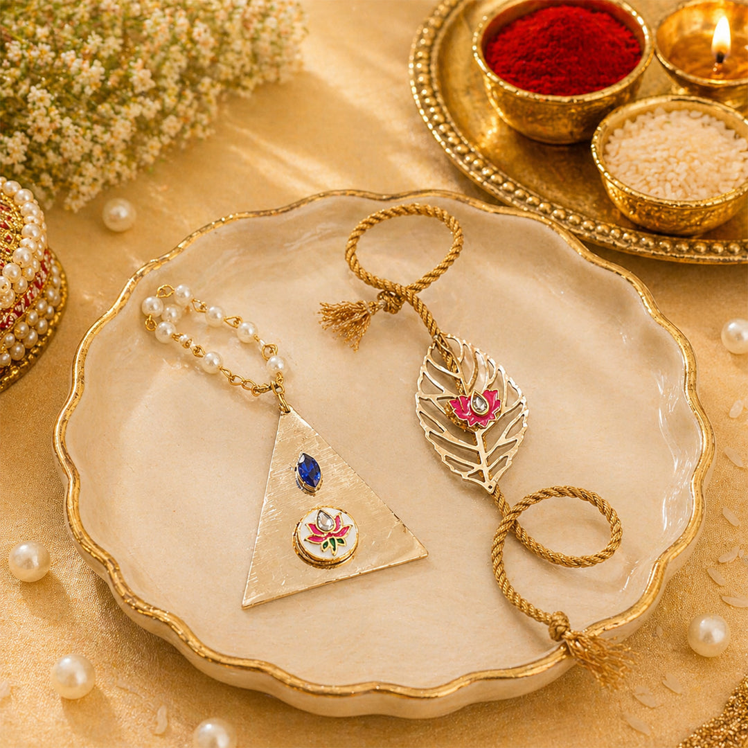 Pink Lotus Pearl Lumba Bracelet Rakhi Set With Roli Chawal For Bhaiya And Bhabhi