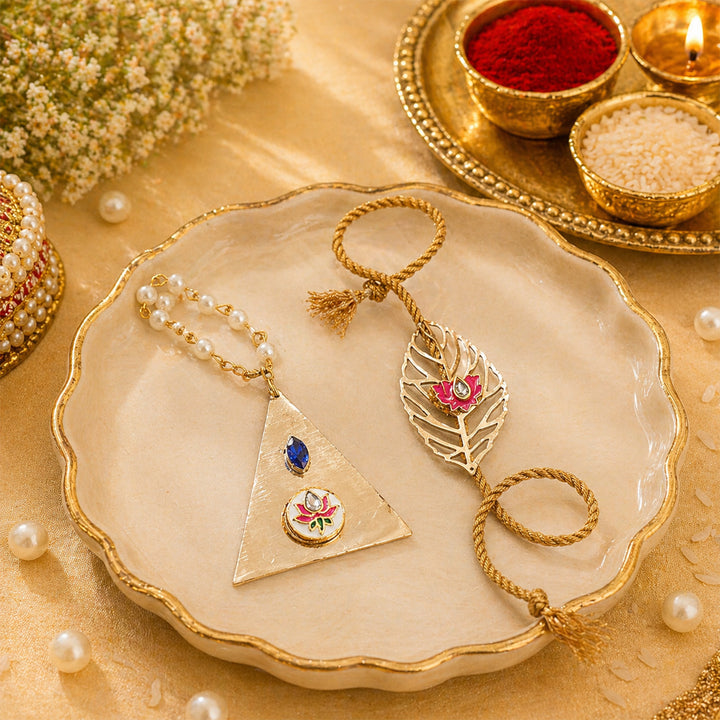 Pink Lotus Pearl Lumba Bracelet Rakhi Set With Roli Chawal For Bhaiya And Bhabhi
