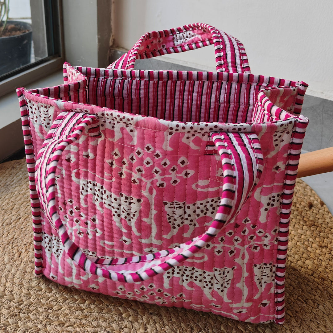 Hand Block Printed Pink Panther Cotton Tote Bag