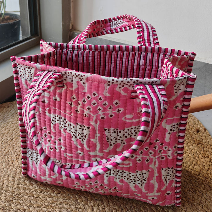 Hand Block Printed Pink Panther Cotton Tote Bag