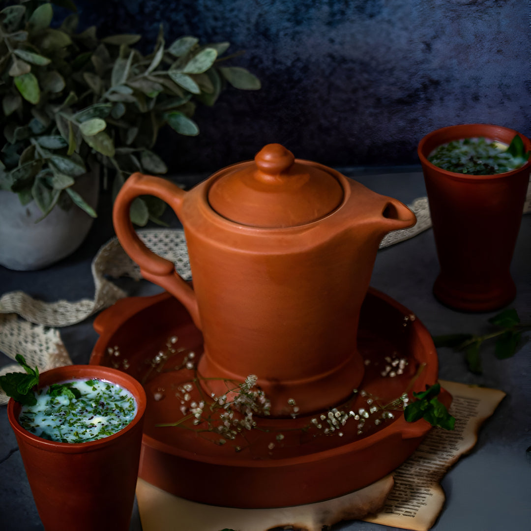 Handmade Regular Terracotta Jug With Glasses & Tray | Set Of 4