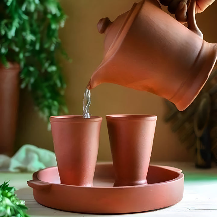 Handmade Regular Terracotta Jug With Glasses & Tray | Set Of 4