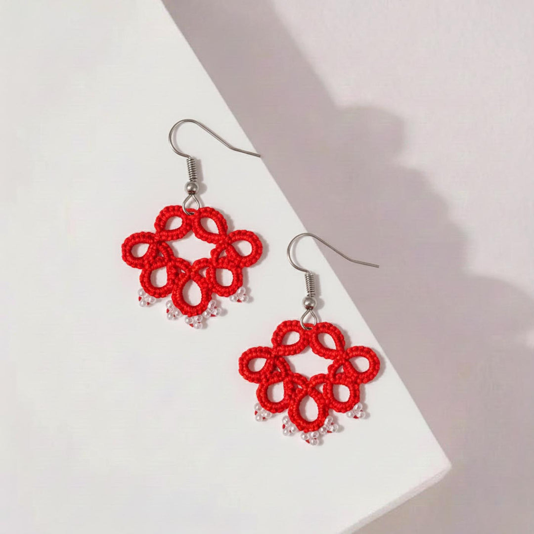 Handmade Red Crimson Dots Lace Cotton Earrings