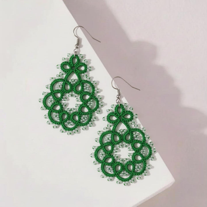 Handmade Emerald Whirl Lace Cotton Earrings