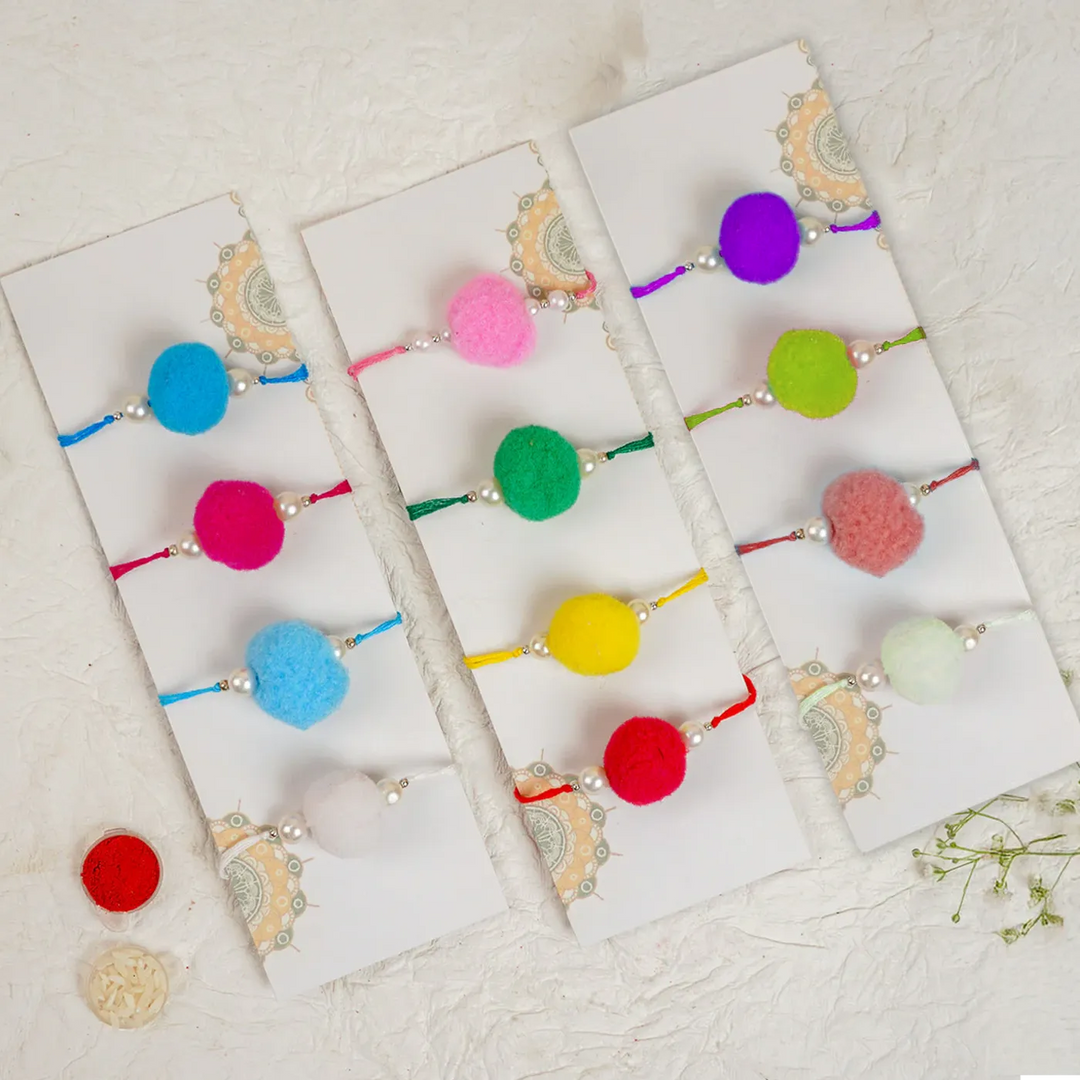 Handmade Large Assorted Pom Pom Rakhi With Roli Chawal | Set Of 12