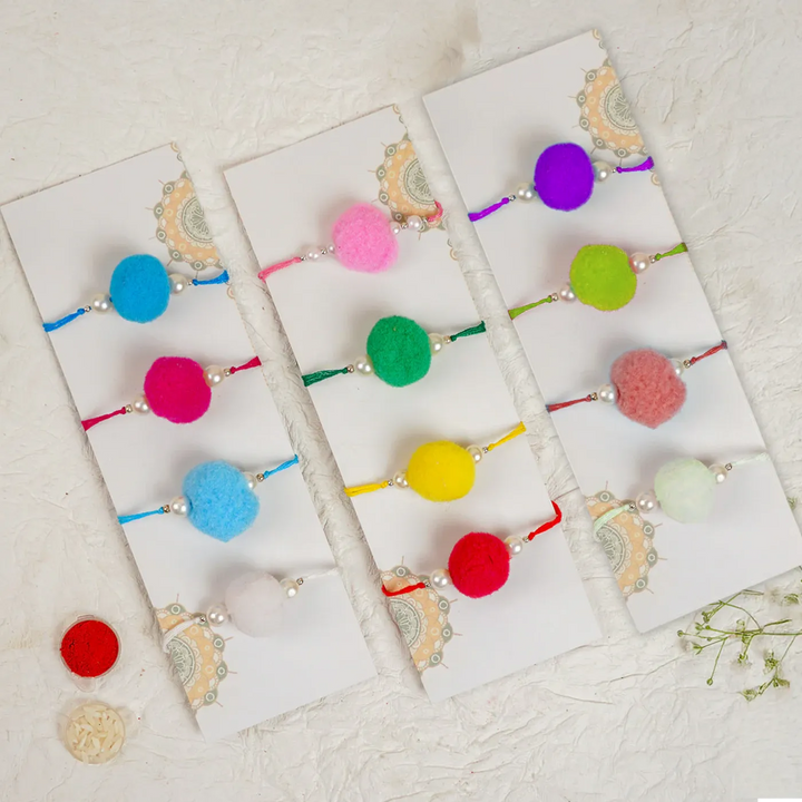 Handmade Large Assorted Pom Pom Rakhi With Roli Chawal | Set Of 12