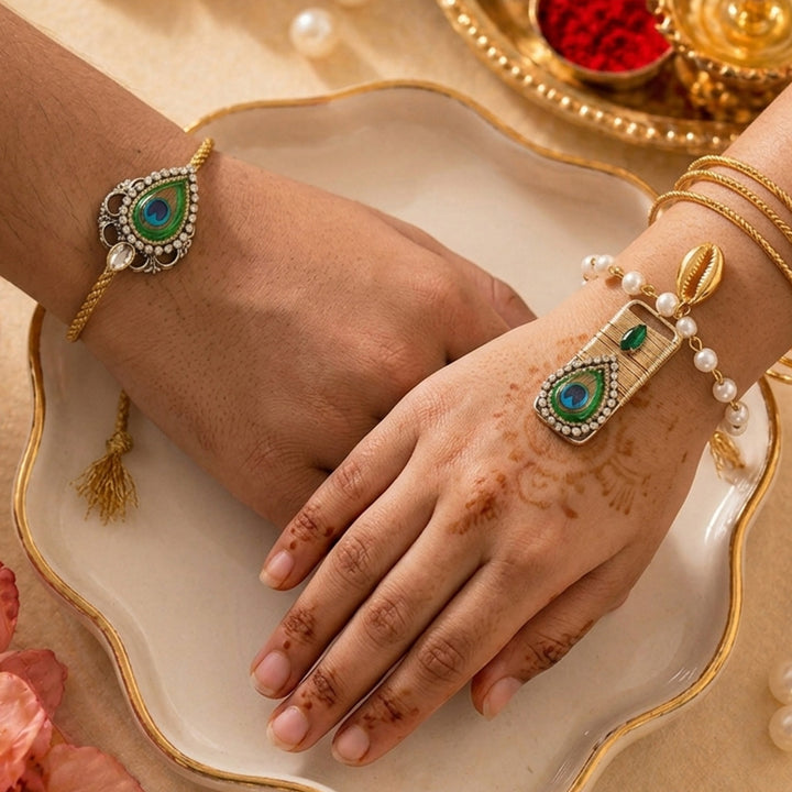 Emerald Peacock Pearl Lumba Bracelet Rakhi Set With Roli Chawal For Bhaiya And Bhabhi