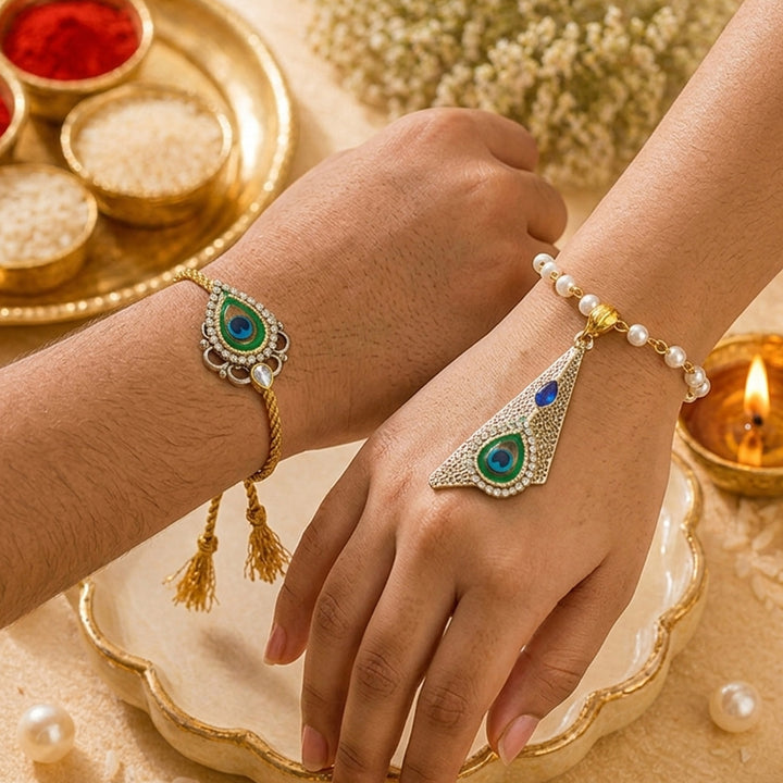 Sapphire Peacock Pearl Lumba Bracelet Rakhi Set With Roli Chawal For Bhaiya And Bhabhi