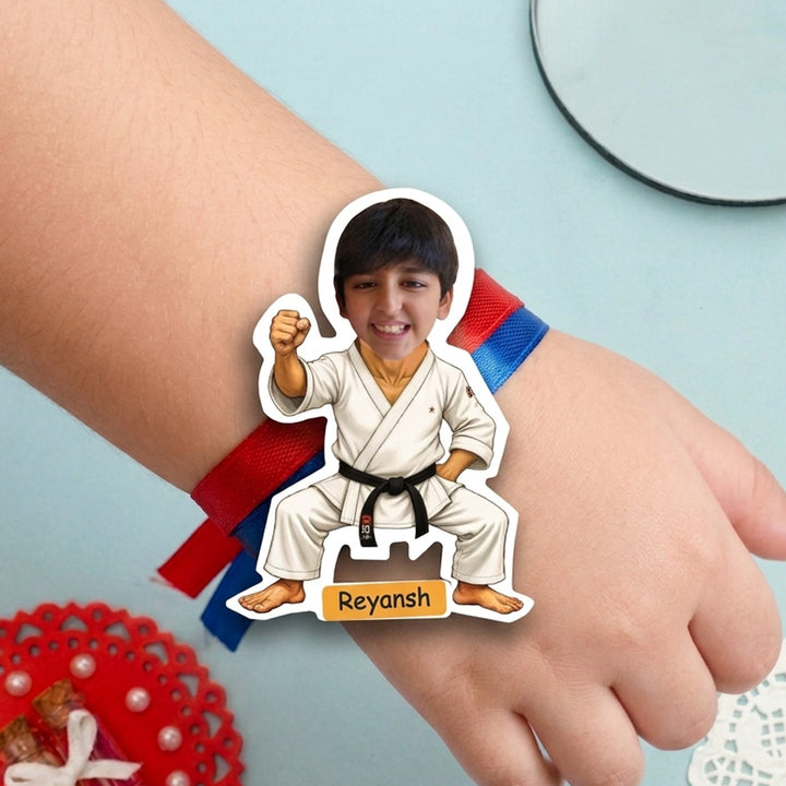 Photo Personalized Karate Caricature MDF Wood Kids Rakhi With Roli Chawal