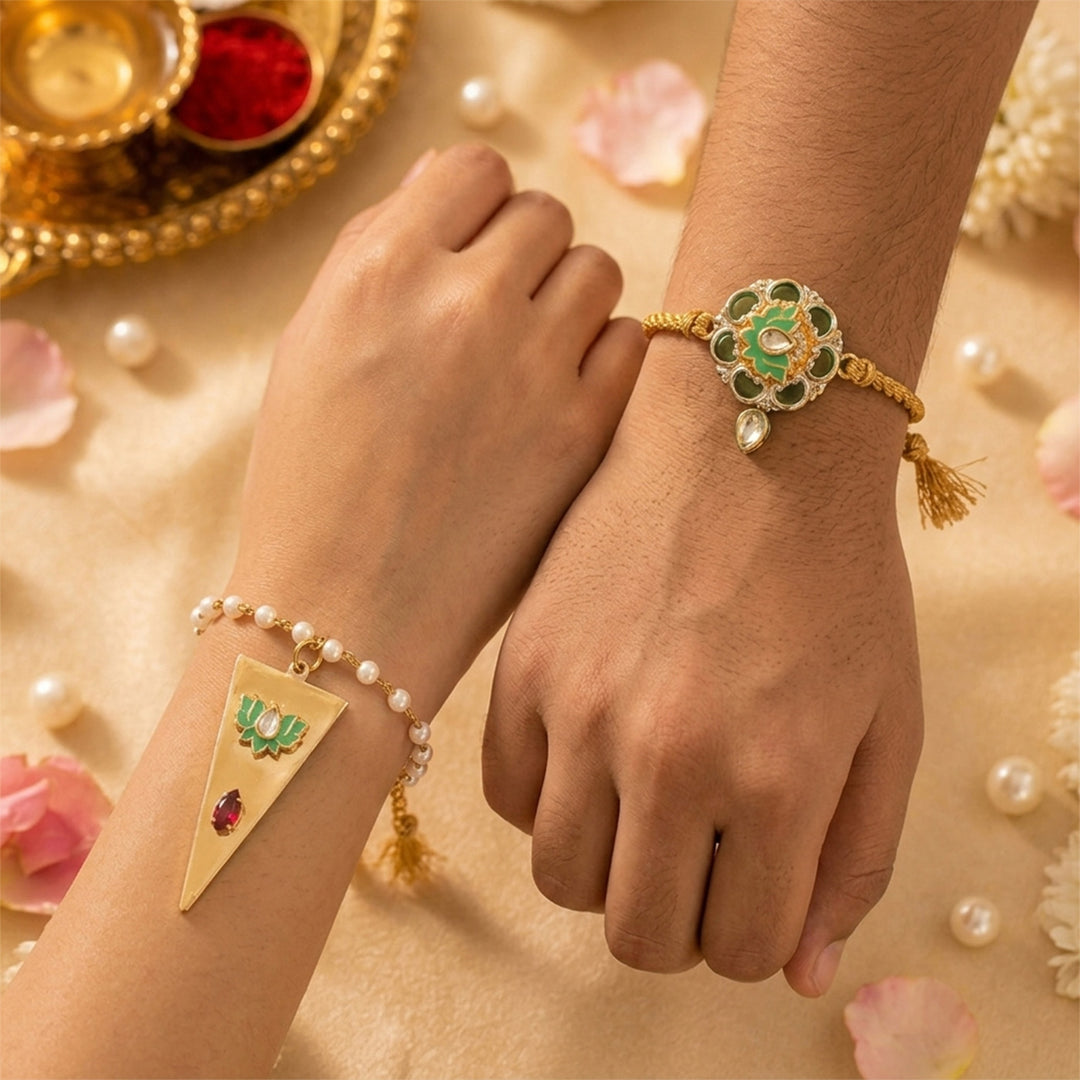 Green Lotus Pearl Lumba Bracelet Rakhi Set With Roli Chawal For Bhaiya And Bhabhi
