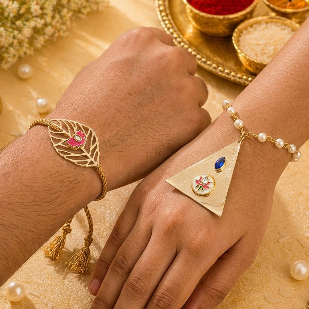 Pink Lotus Pearl Lumba Bracelet Rakhi Set With Roli Chawal For Bhaiya And Bhabhi