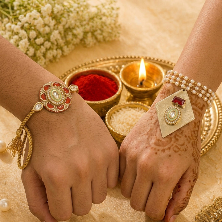 Ruby Red Pearl Lumba Bracelet Rakhi Set With Roli Chawal For Bhaiya And Bhabhi
