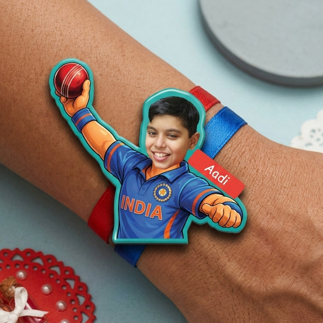 Photo Personalized Bowler Caricature MDF Wood Kids Rakhi With Roli Chawal