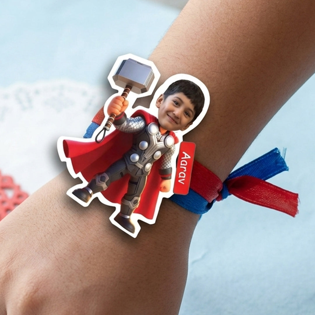 Photo Personalized Thor Caricature MDF Wood Kids Rakhi With Roli Chawal
