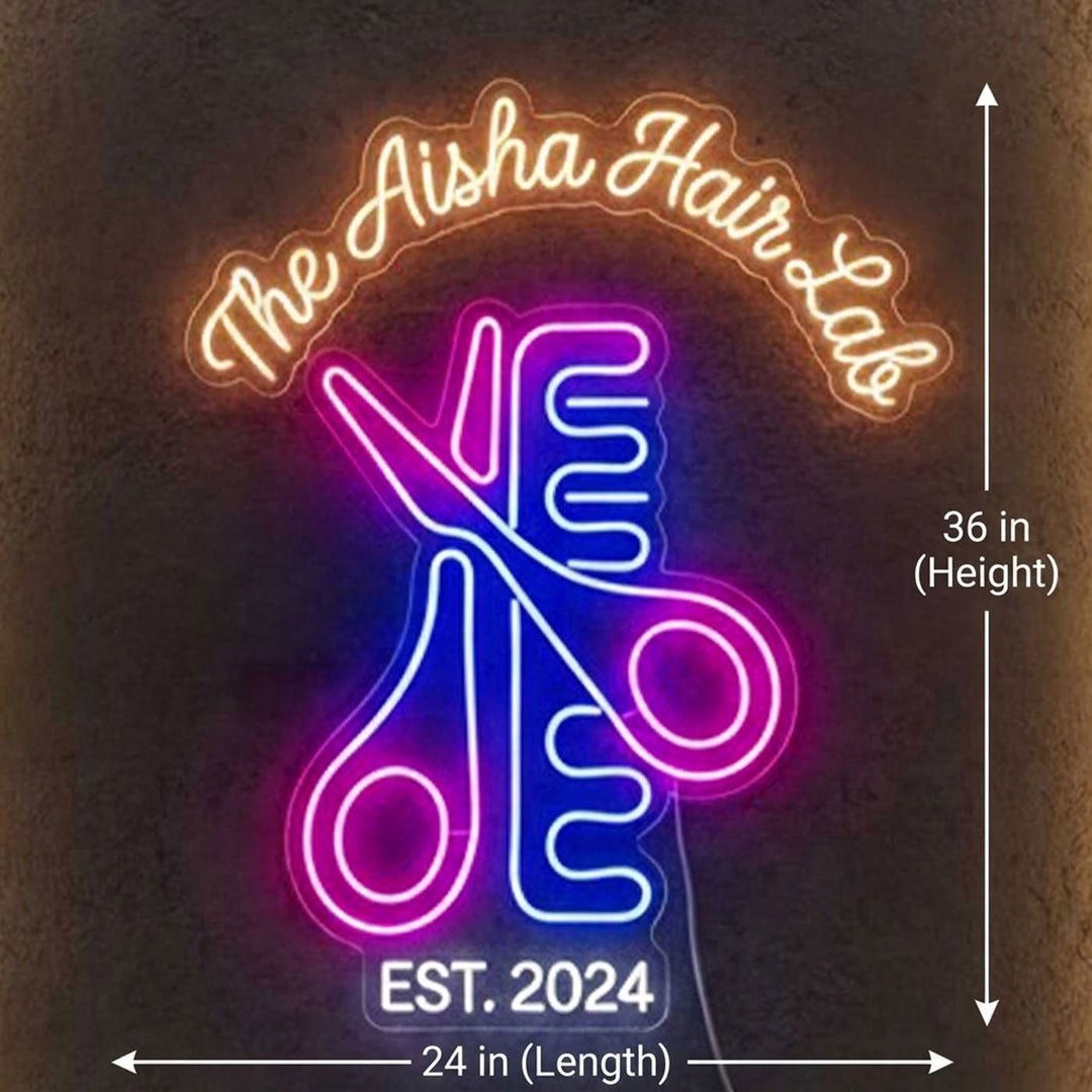 Personalized Hair Salon Neon Light Sign Board With Scissor Comb Motif