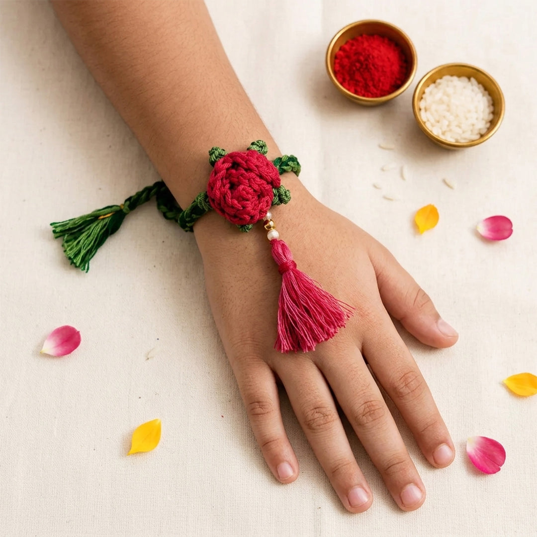 Handmade Crochet Rose Rakhi With Roli Chawal for Bhaiya