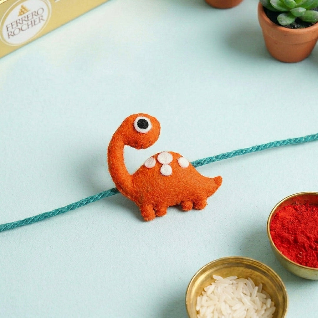 Handmade Dinosaur Felt Kids Rakhi With Roli Chawal