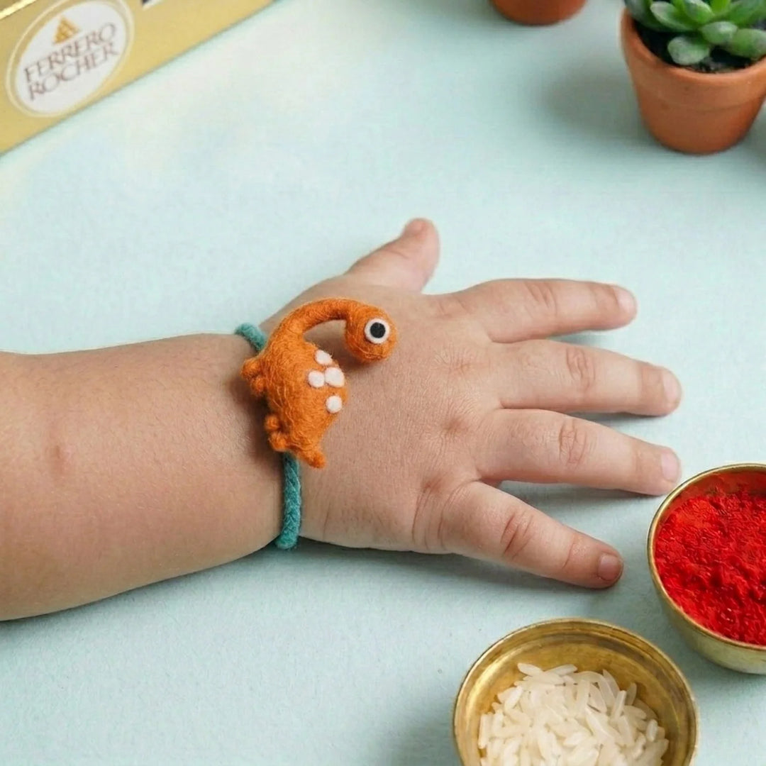 Handmade Dinosaur Felt Kids Rakhi With Roli Chawal For Twins | Set of 2