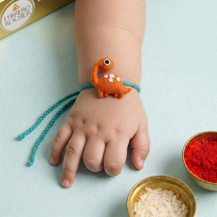 Handmade Dinosaur Felt Kids Rakhi With Roli Chawal