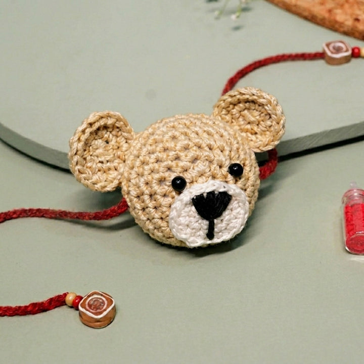 Handmade Crochet Teddy Hug Kids Rakhi With Roli Chawal