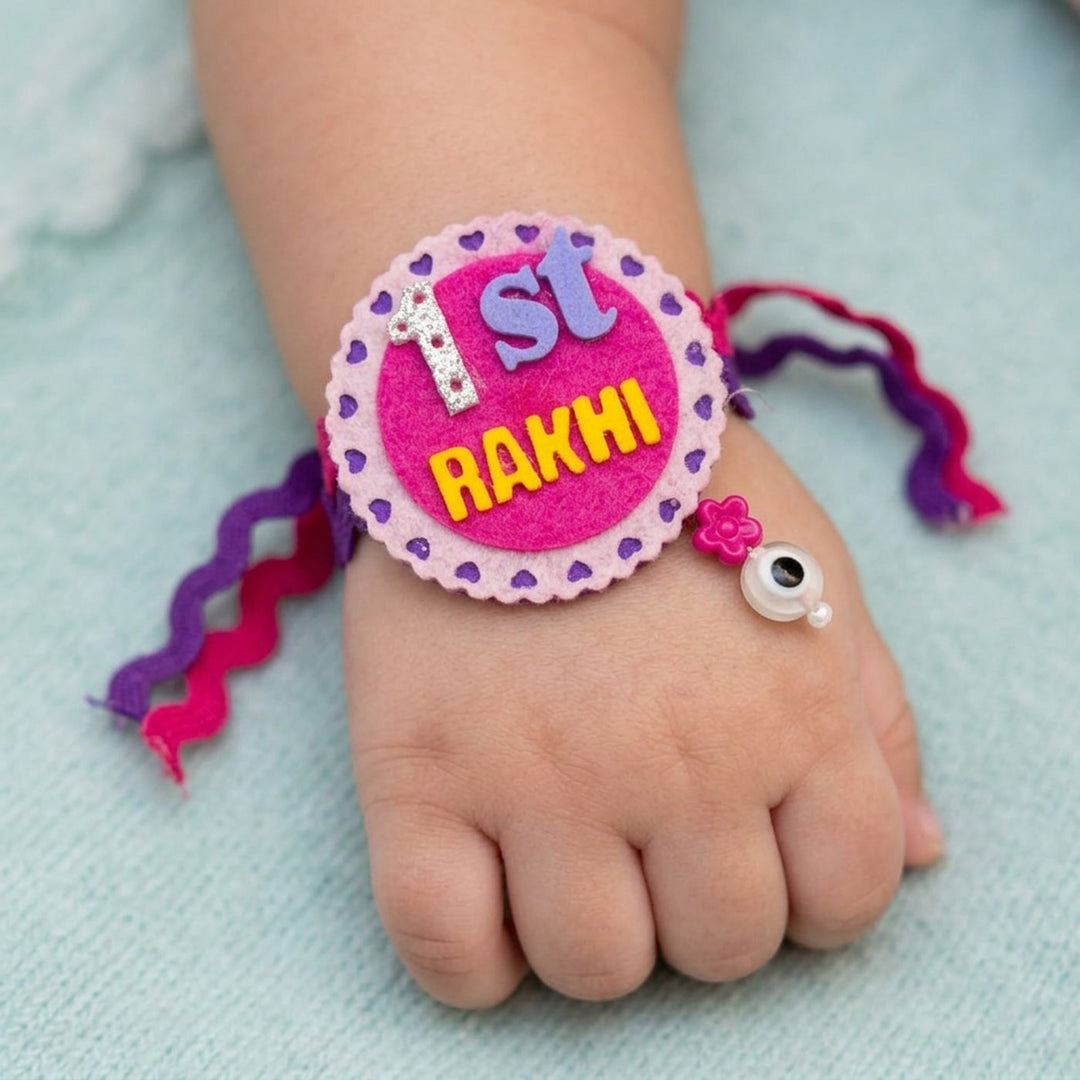 Handmade 1st Rakhi Felt Kids Pink Rakhi With Roli Chawal