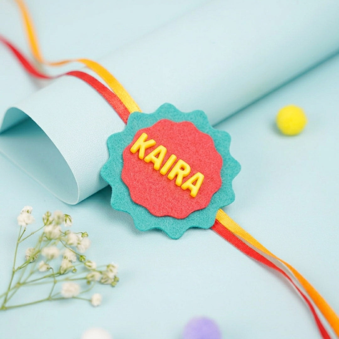 Personalized Handmade Red & Green Felt Kids Rakhi With Roli Chawal