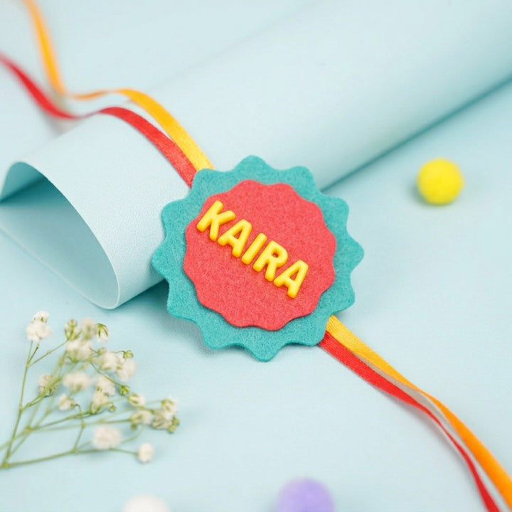 Personalized Handmade Red & Green Felt Kids Rakhi With Roli Chawal