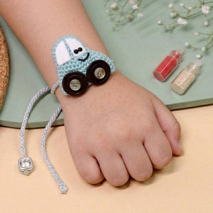 Handmade Crochet Crazy Cars Kids Rakhi With Roli Chawal