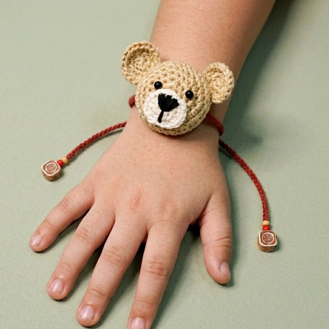 Handmade Crochet Teddy Hug Kids Rakhi With Roli Chawal