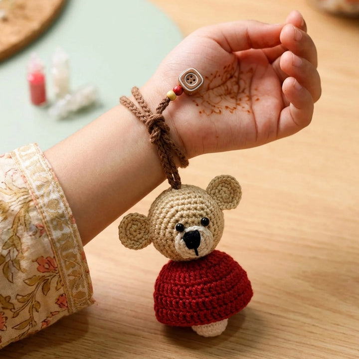 Handmade Crochet Teddy Hug Kids Lumba Rakhi With Roli Chawal