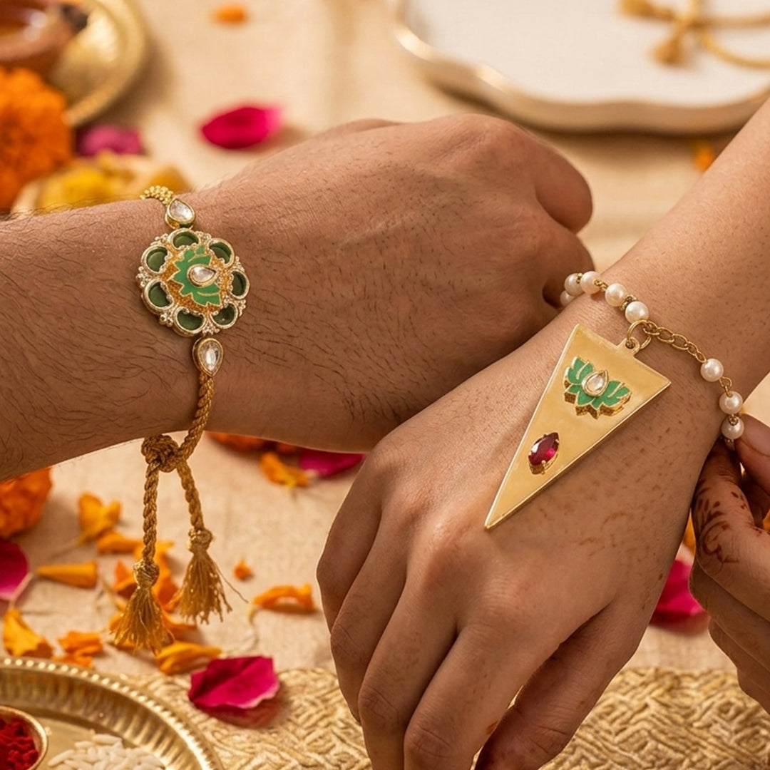 Green Lotus Pearl Lumba Bracelet Rakhi Set With Roli Chawal For Bhaiya And Bhabhi