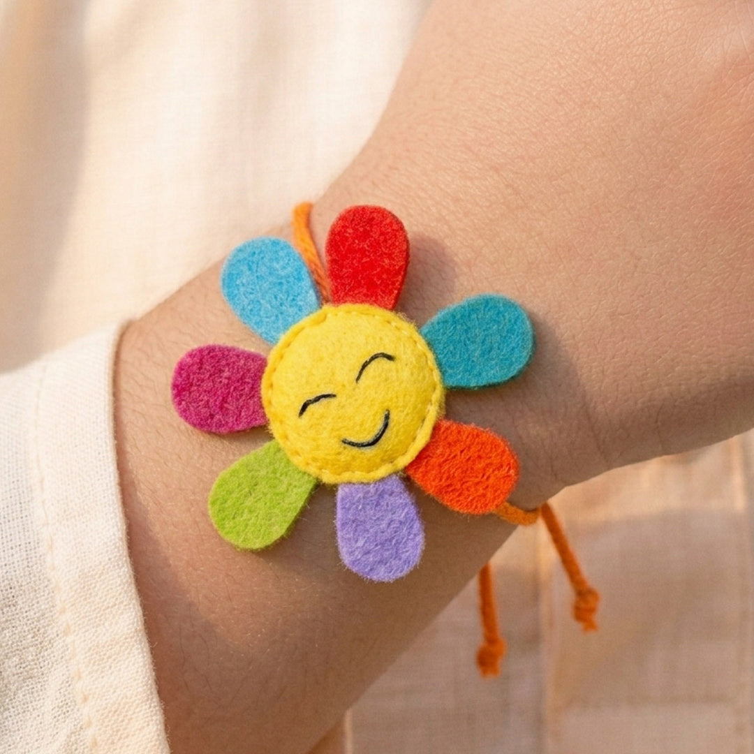 Handmade Sunflower Felt Kids Rakhi With Roli Chawal