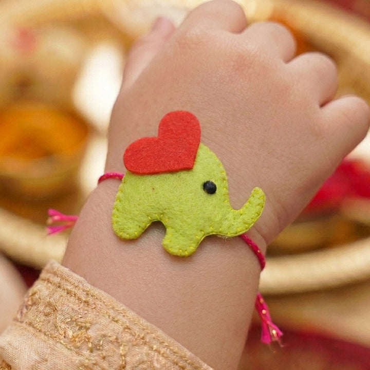 Customized Handmade Elephant Theme Pom - Pom Felt Rakhi With Roli Chawal For Kids