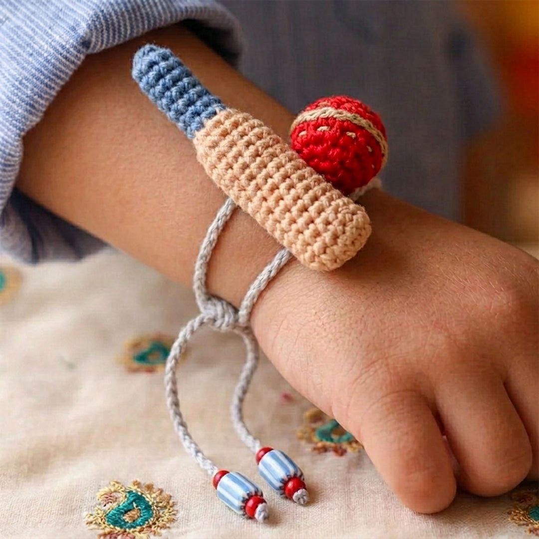Handmade Crochet Cricket Theme Kids Rakhi With Roli Chawal