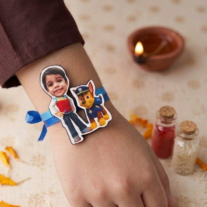 Photo Personalized Reusable X-Large Paw Patrol MDF Wood Rakhi With Roli Chawal