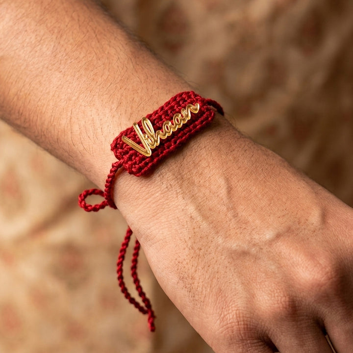 Personalized Handmade Crochet Rectangle Shape Cotton Rakhi With Roli Chawal