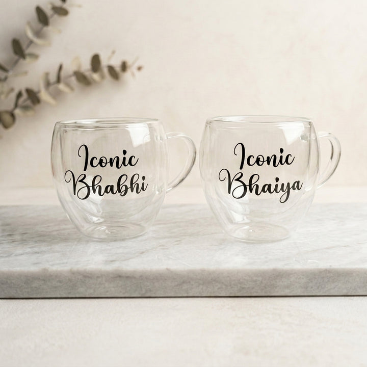 Personalized Iconic Bhaiya & Iconic Bhabhi Glass Mug Set of 2