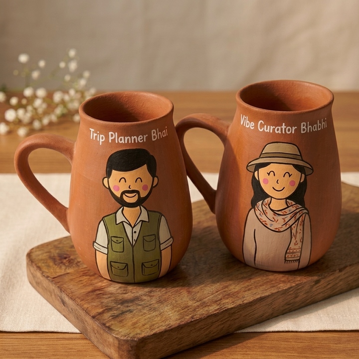 2 Pc | Traveller Bhaiya Bhabhi Mug Set | Personalized Handpainted Terracotta Coffee Mugs (450 ml)