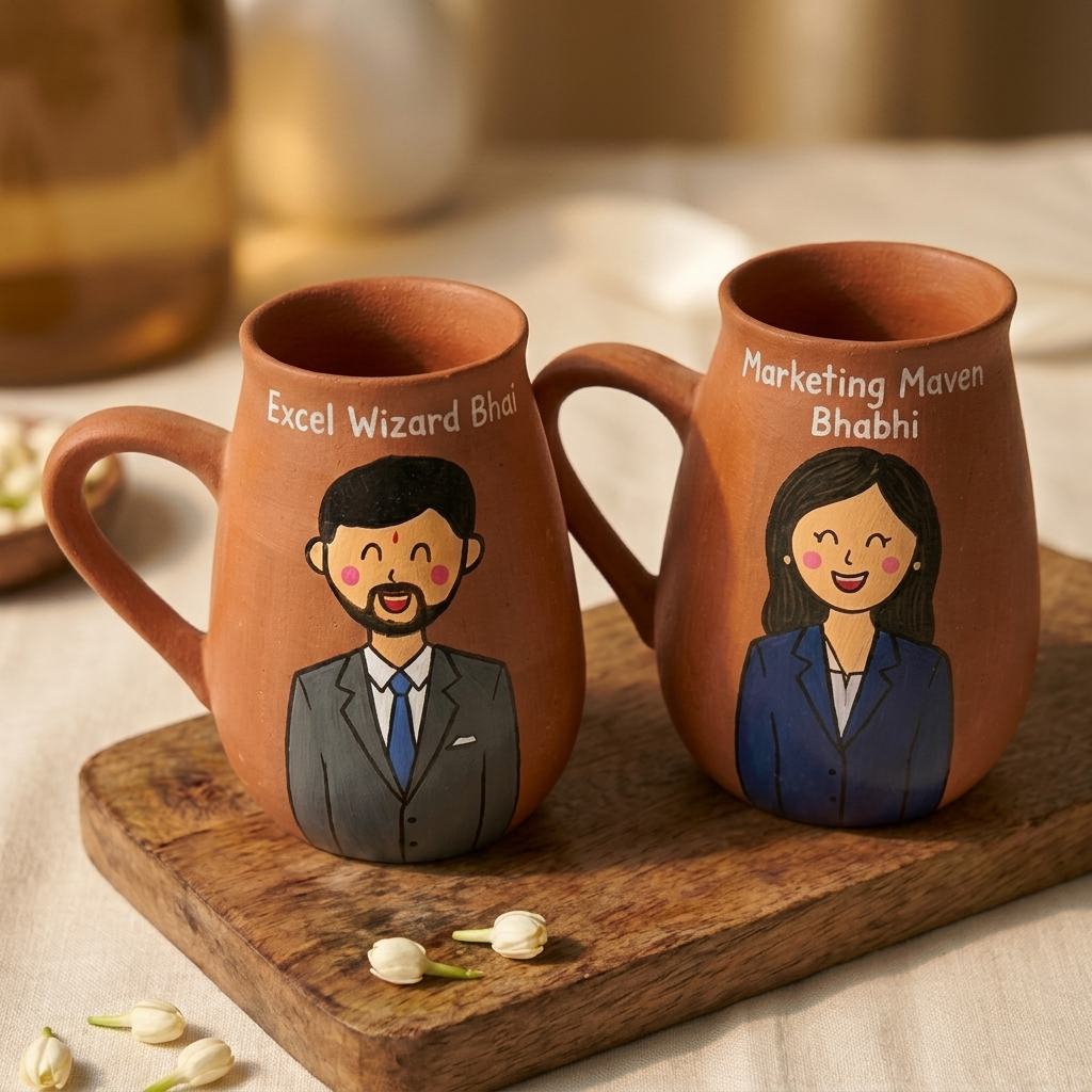 2 Pc | Corporate Bhaiya Bhabhi Mug Set | Personalized Handpainted Terracotta Coffee Mugs (450 ml)