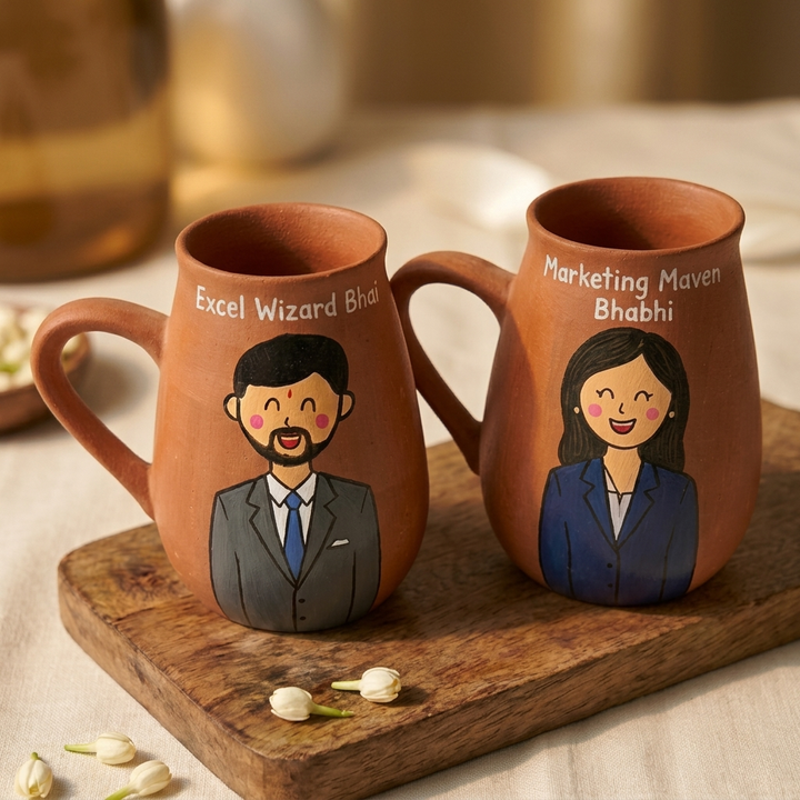 2 Pc | Corporate Bhaiya Bhabhi Mug Set | Personalized Handpainted Terracotta Coffee Mugs (450 ml)