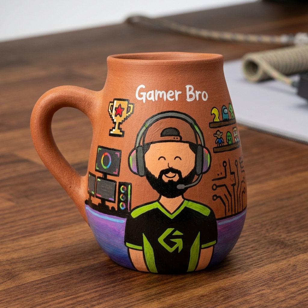 Gamer Bro | Handpainted Photo Personalized Hobby Theme Clay Mug With Doodles