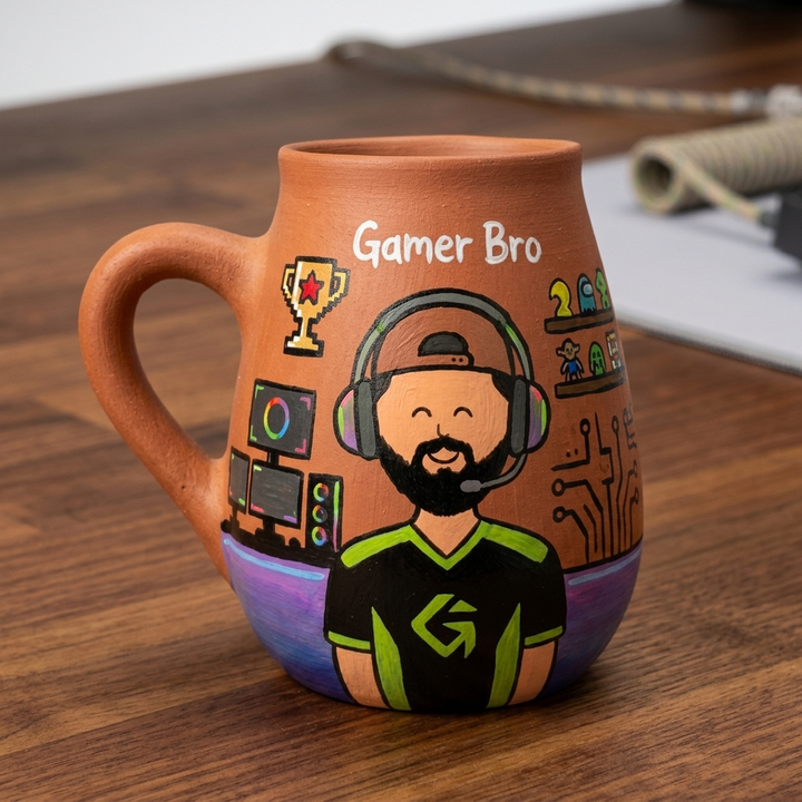 Gamer Bro | Handpainted Photo Personalized Hobby Theme Clay Mug With Doodles