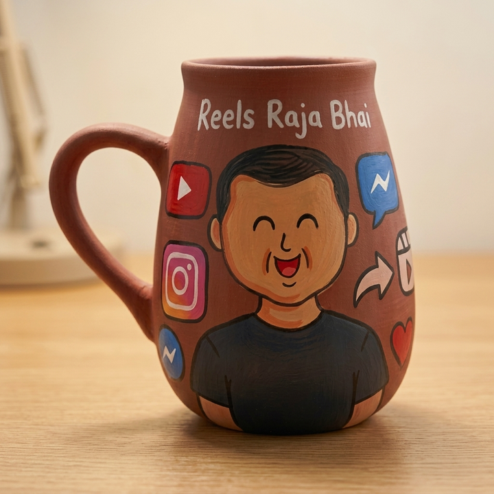 Reels Raja Bhai | Handpainted Photo Personalized Hobby Theme Clay Mug With Doodles